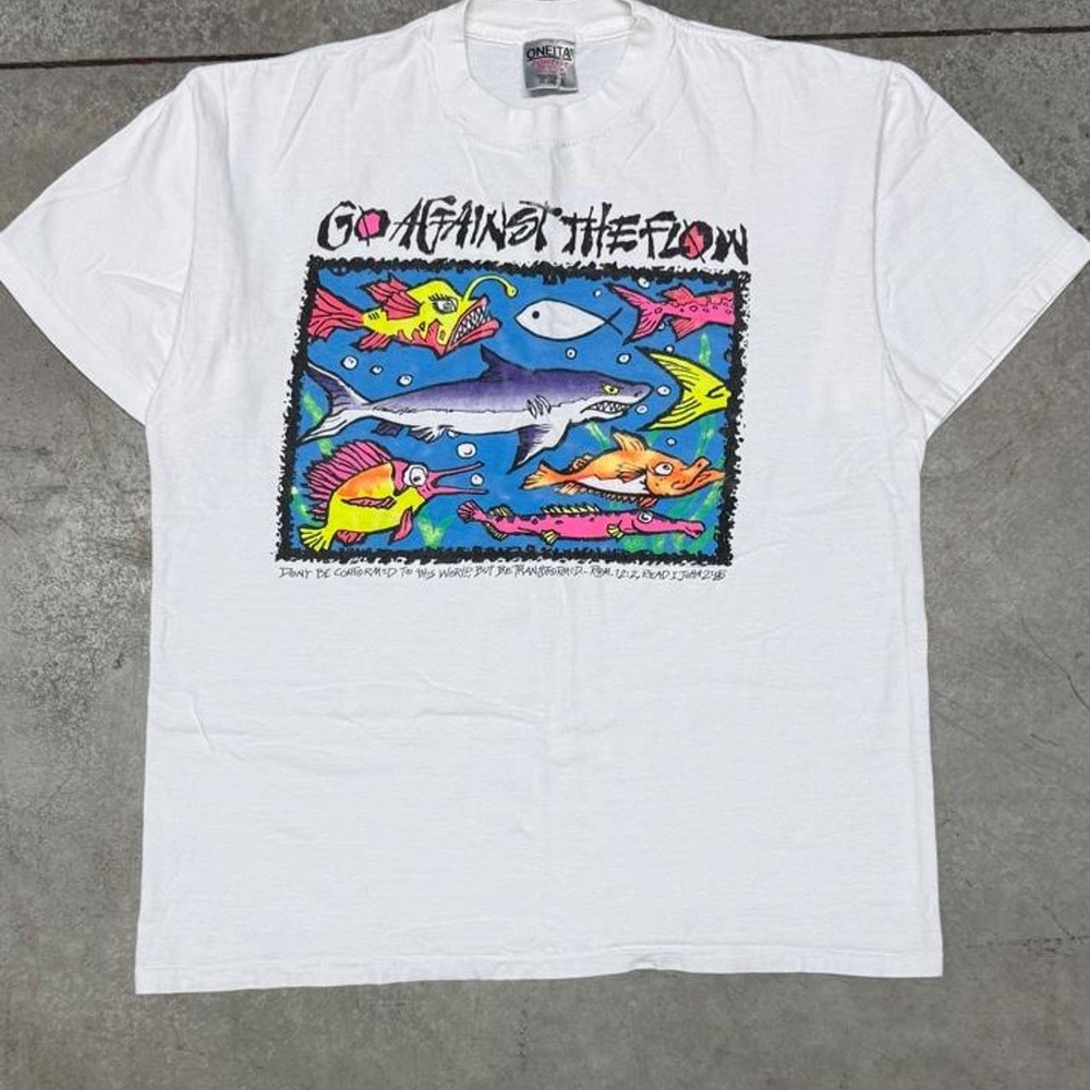 Vintage 90s Jesus Go Against the Flow Fish Christian T Shirt Sz XL